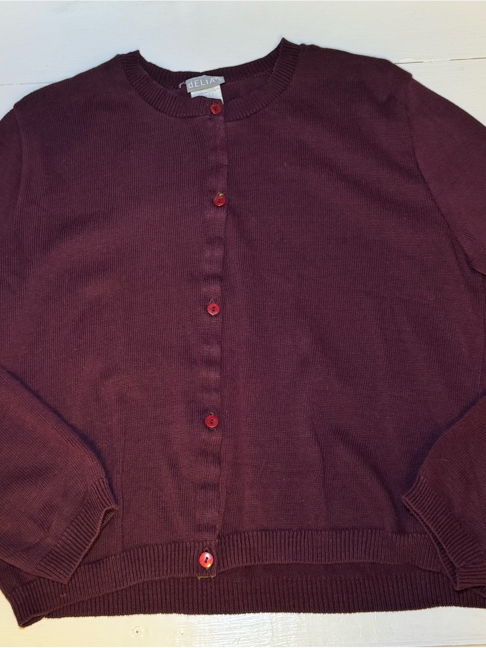 dELiA*s Plum Crewneck Cardigan with Red Buttons - Picture 8 of 11